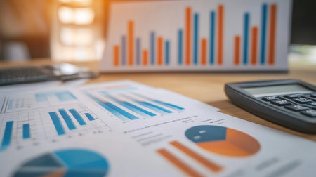 A vibrant workspace featuring business reports and colorful graphs, highlighting data analysis and performance insights. Ideal for finance and marketing themes.の素材