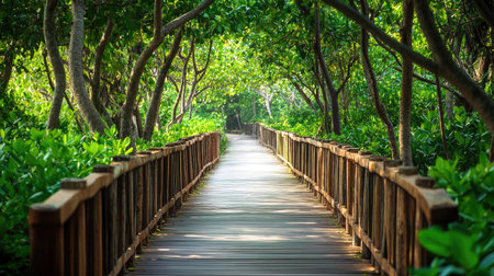 A serene wooden path meanders through lush greenery, surrounded by vibrant trees and foliage. This tranquil scene invites exploration and relaxation in nature.の素材