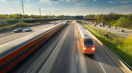 A vibrant image captures a fast train traveling alongside a busy highway under a clear sky, showcasing the intersection of rail and road transport in a bustling urban landscape.の素材