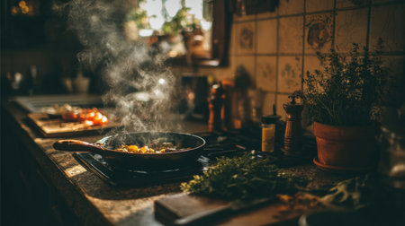 A warm kitchen scene featuring a hot pan with steam rising, surrounded by fresh herbs and vibrant vegetables, creating an inviting atmosphere for cooking.の素材