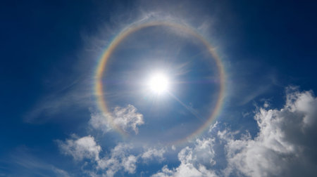 A stunning meteorological phenomenon showcasing a radiant solar halo encircling the bright sun, accentuated by soft clouds against a vibrant blue sky.の素材