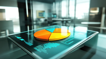A digital tablet displaying a colorful pie chart, symbolizing modern data visualization in a sleek office environment. Perfect for concepts of business analytics.の素材