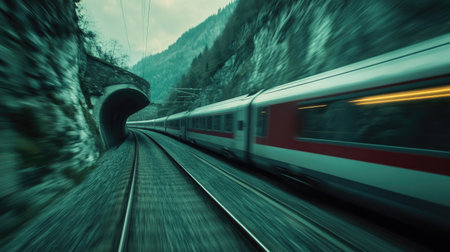 A dynamic view of a train speeding through a mountain tunnel, showcasing the thrill of travel and picturesque scenery along the railway tracks.の素材