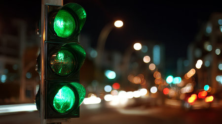 A vibrant green traffic light shines brightly in an urban night setting, guiding vehicles and pedestrians safely while creating a beautiful bokeh effect in the background.の素材