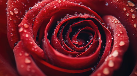 A stunning close-up of a red rose showcasing vibrant petals adorned with glistening water droplets. Perfect for conveying beauty and romance.の素材