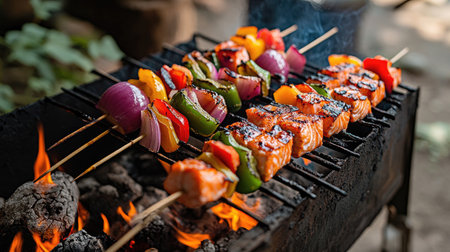 Juicy salmon and vibrant vegetables are grilled on skewers over an open flame, creating a mouth-watering outdoor meal ideal for summer gatherings.の素材