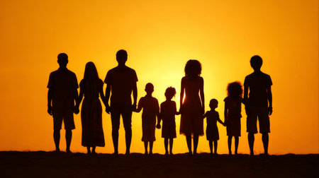 A heartwarming silhouette of a diverse family group holding hands against a vibrant sunset, showcasing unity and love amidst a tranquil beach setting at dusk.の素材