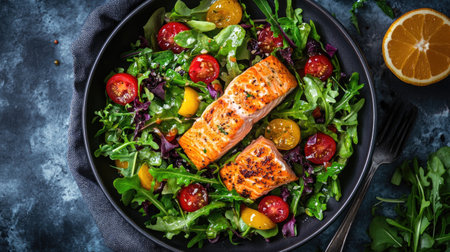 A vibrant salad featuring grilled salmon, fresh greens, and cherry tomatoes. This healthy dish is perfect for a light meal or gourmet presentation.の素材