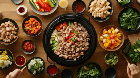 A vibrant assortment of fresh ingredients and dishes arranged on a rustic wooden table, perfect for a cozy cooking session or family meal.の素材