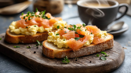 A beautifully styled breakfast featuring scrambled eggs topped with fresh salmon on toasted bread, garnished with herbs. Perfect for morning meals.の素材