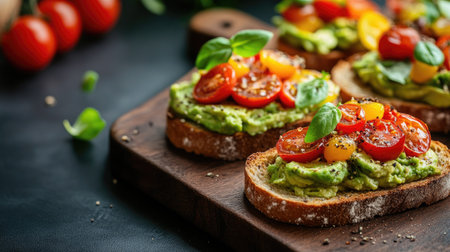 Delicious avocado toast topped with fresh cherry tomatoes and basil, perfect for a healthy breakfast or brunch option. Simple and vibrant dish.の素材