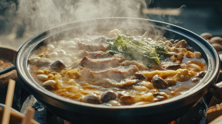 A steaming hot pot filled with fresh ingredients and meat, perfect for a warm meal. Enjoy the comfort of homemade cuisine in a cozy setting.の素材