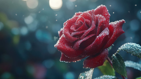 A stunning close-up of a dewy red rose, glistening in soft natural light, capturing the essence of beauty and tranquility in nature. Perfect for floral designs.の素材