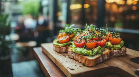 A vibrant serving of fresh avocado toast topped with colorful tomatoes and herbs on a wooden board, perfect for a delightful brunch or snack.の素材