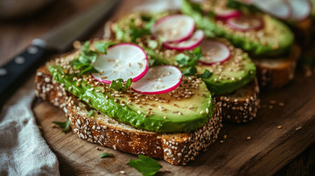 A close-up view of delicious avocado toast topped with fresh radish and sesame seeds. Perfect for a healthy breakfast or nutritious snack.の素材