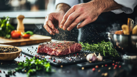 A chef skillfully seasons a fresh steak with herbs and spices in a modern kitchen. The vibrant colors and textures highlight culinary artistry and preparation.の素材