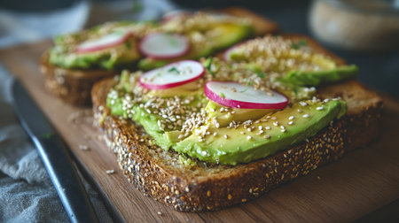 Fresh avocado toast topped with radish slices and sesame seeds, beautifully arranged on a wooden board, perfect for a healthy meal or snack.の素材