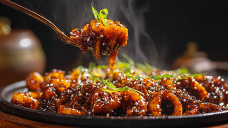 A steaming spicy Asian dish served on a hot plate, garnished with green onions and sesame seeds, showcasing vibrant colors and enhancing culinary appeal.の素材