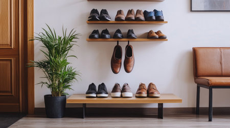 A modern shoe display featuring various styles on wooden shelves, complemented by a potted plant and seating, creating a stylish and organized entryway.の素材