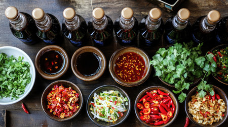 A vibrant display of fresh herbs, chili peppers, and sauces ready for meal preparation, perfect for Asian culinary creations and gourmet dishes.の素材