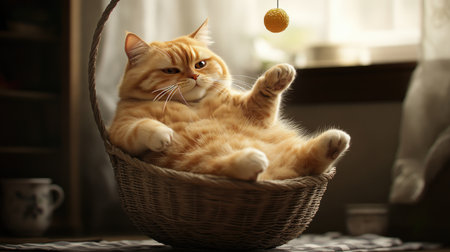 A fluffy orange cat relaxes in a basket, playfully reaching for a yellow toy. This charming scene captures the essence of pet comfort and joy in a cozy indoor setting.の素材