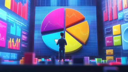 A person analyzing colorful data visualizations in a modern digital workspace. The scene incorporates charts and graphs, symbolizing technology and analytics.の素材