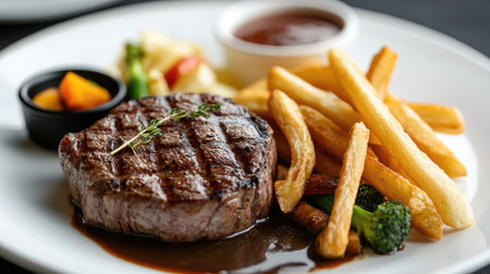 A delicious grilled steak served with crispy fries and fresh vegetables, featuring a rich sauce. Perfect for food lovers and restaurant menus.の素材