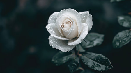 A stunning close-up image of a white rose adorned with water drops on its petals, set against a dark background, symbolizing elegance and beauty.の素材
