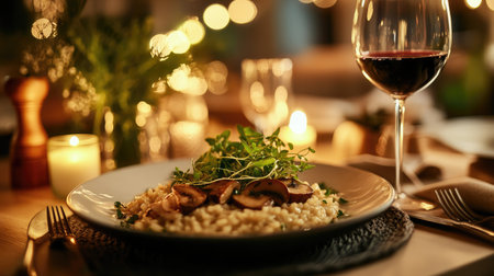 A beautifully arranged dinner plate featuring risotto topped with mushrooms and microgreens, accompanied by a glass of red wine in a warm, inviting setting.の素材