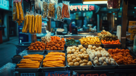 A lively street market scene featuring a vibrant display of various street foods and snacks. The colorful arrangement showcases local culinary delights under evening lights.の素材