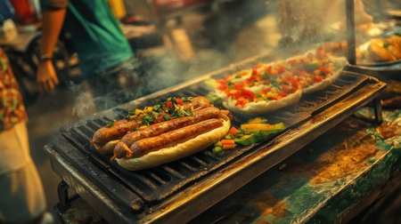 A vibrant street food scene featuring grilled sausages and fresh vegetables on a smoky grill, perfect for a flavorful outdoor meal.の素材