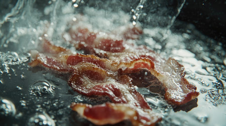 Fresh bacon strips sizzling in hot oil create an appetizing scene. This close-up captures the delicious texture and aroma of cooking bacon, perfect for food enthusiasts.の素材
