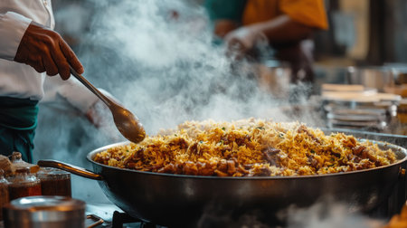 A chef stirs flavorful biryani in a large pan, releasing aromatic steam. The vibrant scene captures the essence of culinary tradition and passion for food.の素材