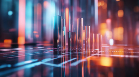 Vibrant abstract visualization featuring colorful bars and glowing light effects, representing data analysis and modern technology in a dynamic setting.の素材