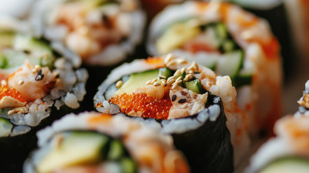 A close-up of delicious sushi rolls featuring vibrant colors and fresh ingredients. Perfect for showcasing Asian cuisine in food-related contexts.の素材