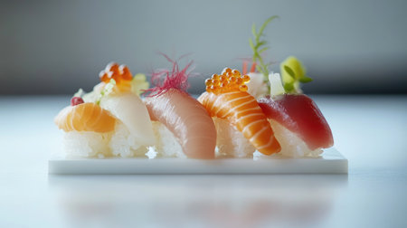 A vibrant assortment of fresh sushi displayed elegantly on a white plate. Perfect for showcasing Japanese cuisine, culinary artistry, and healthy eating.の素材