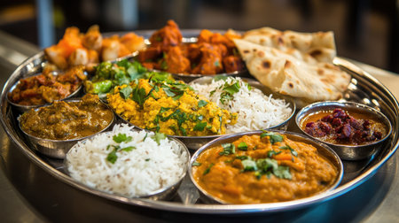 An enticing Indian cuisine platter featuring an assortment of flavorful dishes, including rice, curry, and vegetables, perfect for sharing and enjoying.の素材
