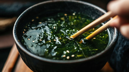 A serene image of fresh seaweed soup served in a rustic bowl, with chopsticks poised to enjoy. Perfect for showcasing healthy, nourishing cuisine.の素材