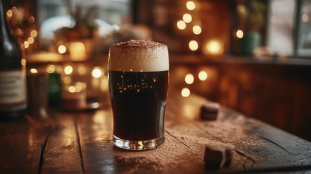 A rich dark beer with a creamy foam sits on a rustic table, illuminated by soft bokeh lights, creating a cozy and inviting atmosphere perfect for relaxation.の素材