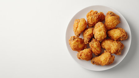 A mouthwatering scene of crispy fried chicken on a white plate, perfect for meals, snacks, or parties. This delicious dish is a favorite comfort food.の素材