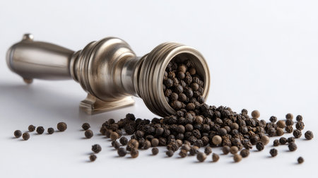 A close-up view of spilled peppercorns from a silver grinder, showcasing the organic textures and colors of these essential kitchen spices, perfect for culinary enthusiasts.の素材