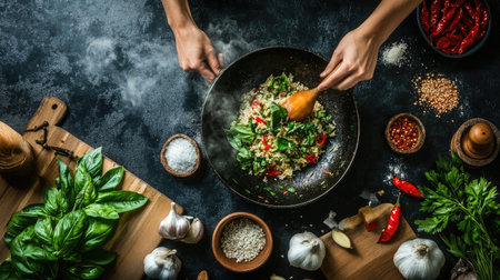 A dynamic cooking scene showcasing fresh ingredients like herbs, garlic, and rice being mixed in a wok, highlighting vibrant colors and culinary creativity.の素材