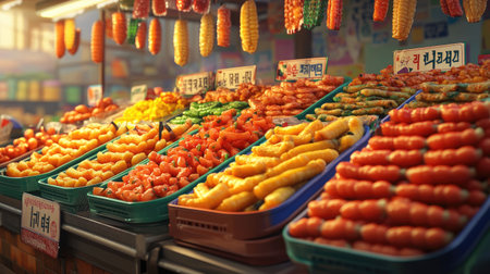 A vibrant market stall brimming with a colorful assortment of fresh vegetables. This eye-catching display highlights healthy eating and seasonal produce.の素材