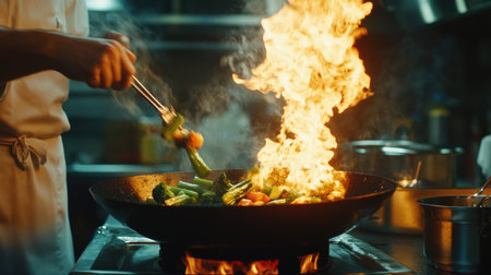 A chef skillfully stir-frying fresh vegetables in a blazing flame, showcasing the dynamic atmosphere of a busy restaurant kitchen and the art of cooking.の素材