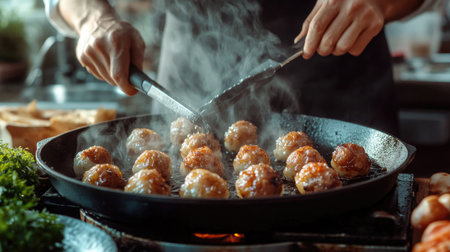 A chef skillfully cooks delicious meatballs in a hot pan, surrounded by steam and fresh ingredients. Perfect for culinary enthusiasts and food lovers.の素材