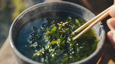 A close-up view of fresh seaweed soup in a rustic bowl, featuring vibrant greens and chopsticks for an inviting culinary experience. Perfect for healthy eating.の素材