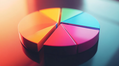 A vibrant and modern pie chart displaying colorful segments, set on a reflective surface. Perfect for illustrating data analysis, business reports, and presentations.の素材