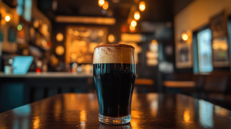 A tall glass of dark beer sits on a wooden table in a cozy bar. The warm lighting and rustic decor create an inviting atmosphere perfect for relaxation and socialization.の素材