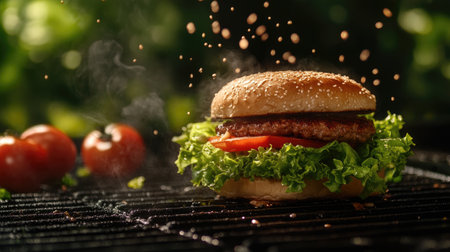 A closeup of a juicy burger with fresh lettuce and tomato, sizzling on the grill. Perfect for showcasing outdoor cooking and summer feasts.の素材