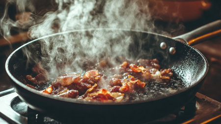 Close-up shot of bacon sizzling in a skillet, with steam rising, capturing the enticing aroma and deliciousness of cooking in the kitchen.の素材
